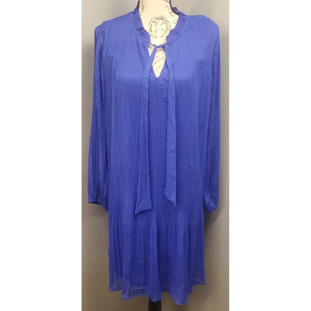 DKNY Shift Dress Womens 14 Blue Chiffon Pleated Long Sleeve Tie Neck Boho Chic